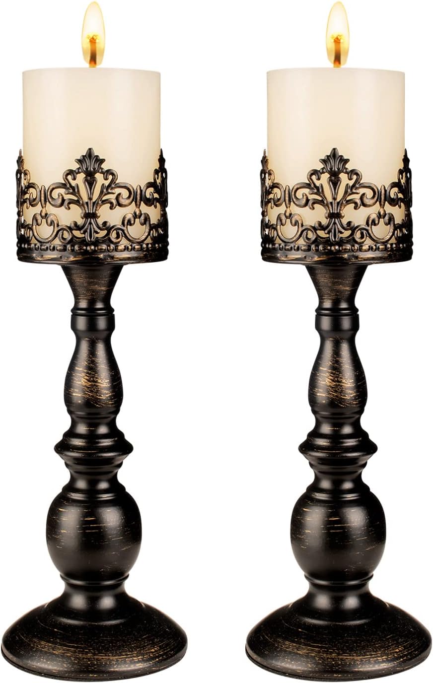 Gothic Black Pillar Candle Holders – Set of 2