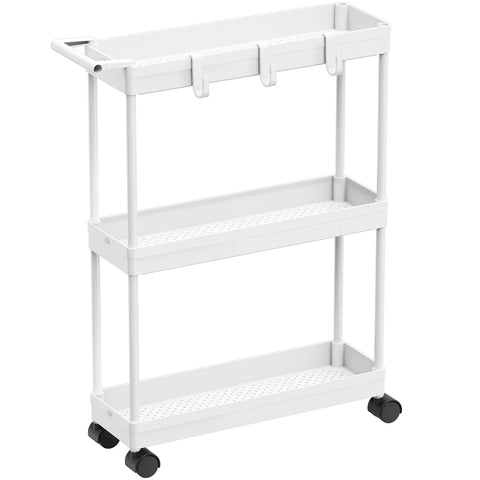 3-Tier Slim Rolling Storage Cart with Handle & Hooks