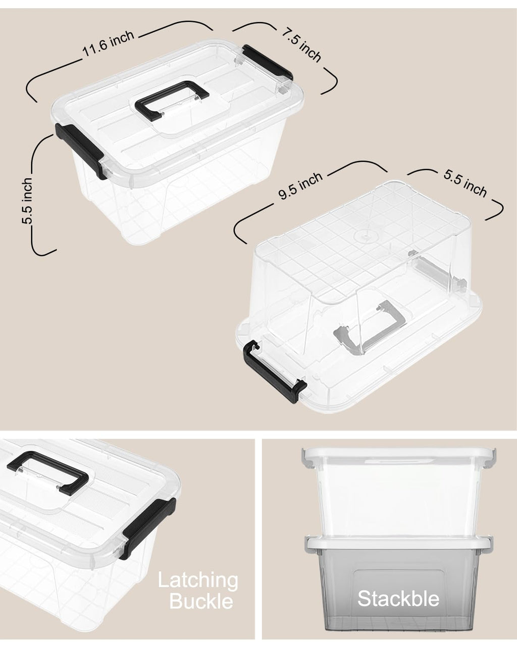 Clear Stackable Storage Boxes with Latching Lids – 6 Pack