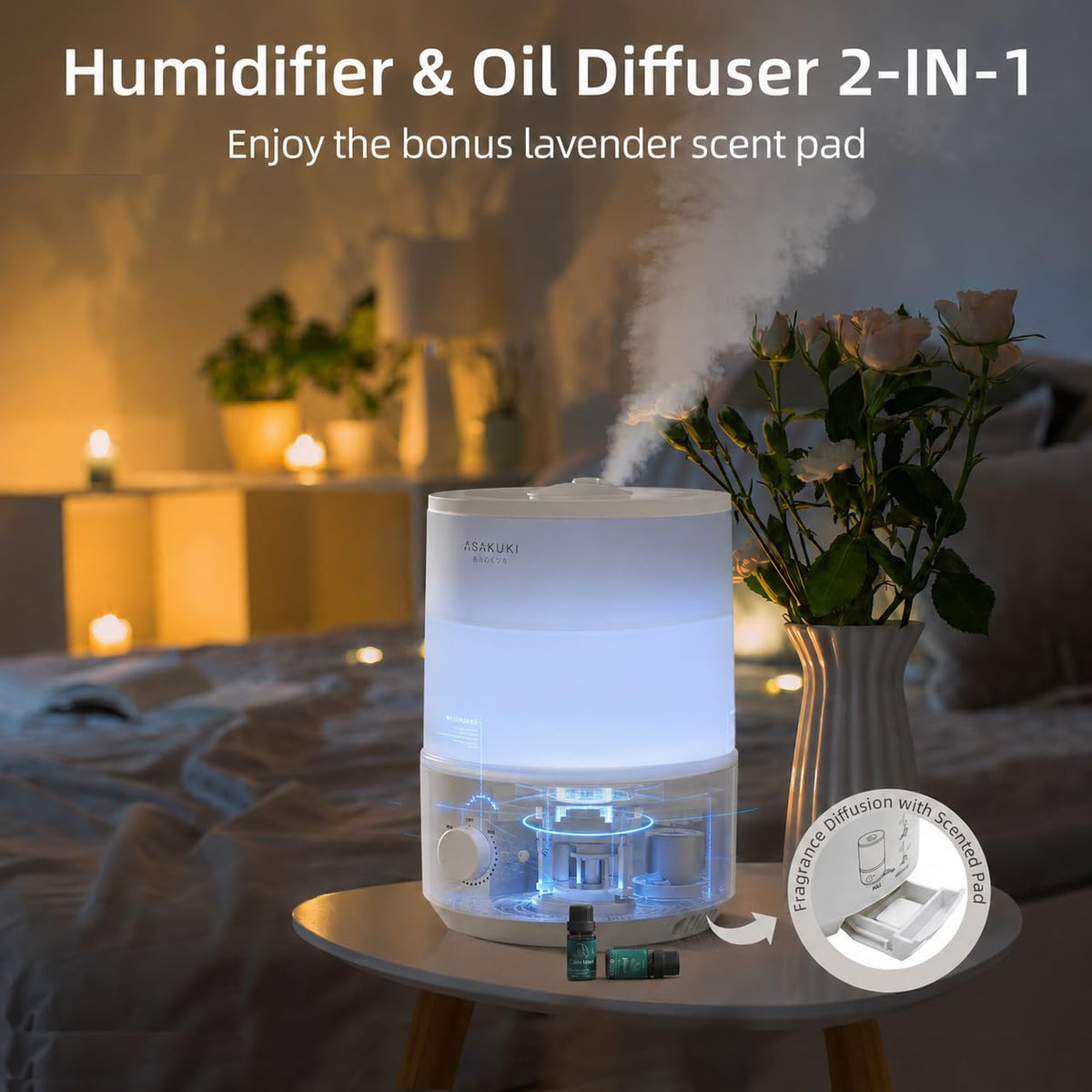 ASAKUKI 3L Top-Fill Cool Mist Humidifier with Night Light