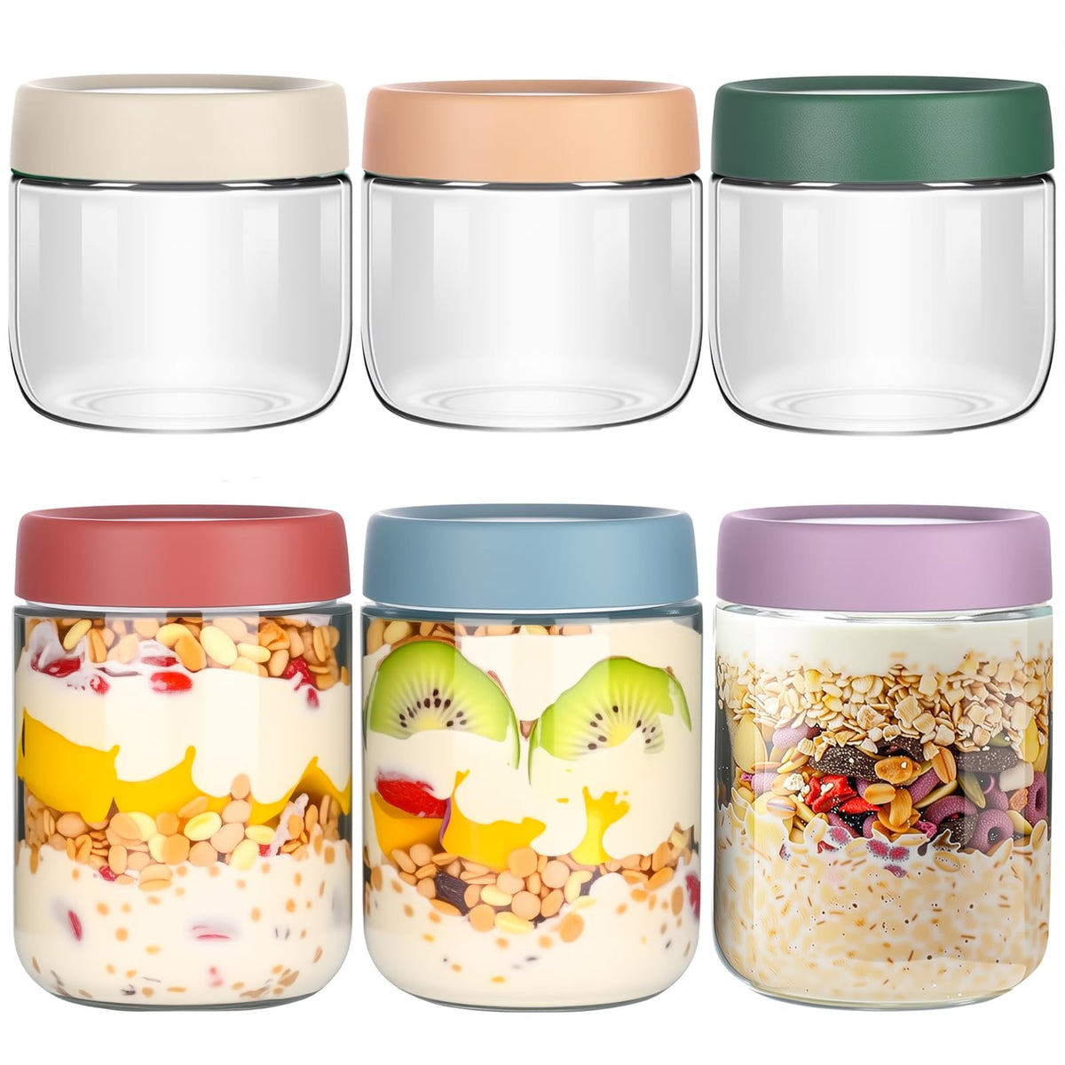 Glass Overnight Oats Jars with Airtight Lids – 6 Pack