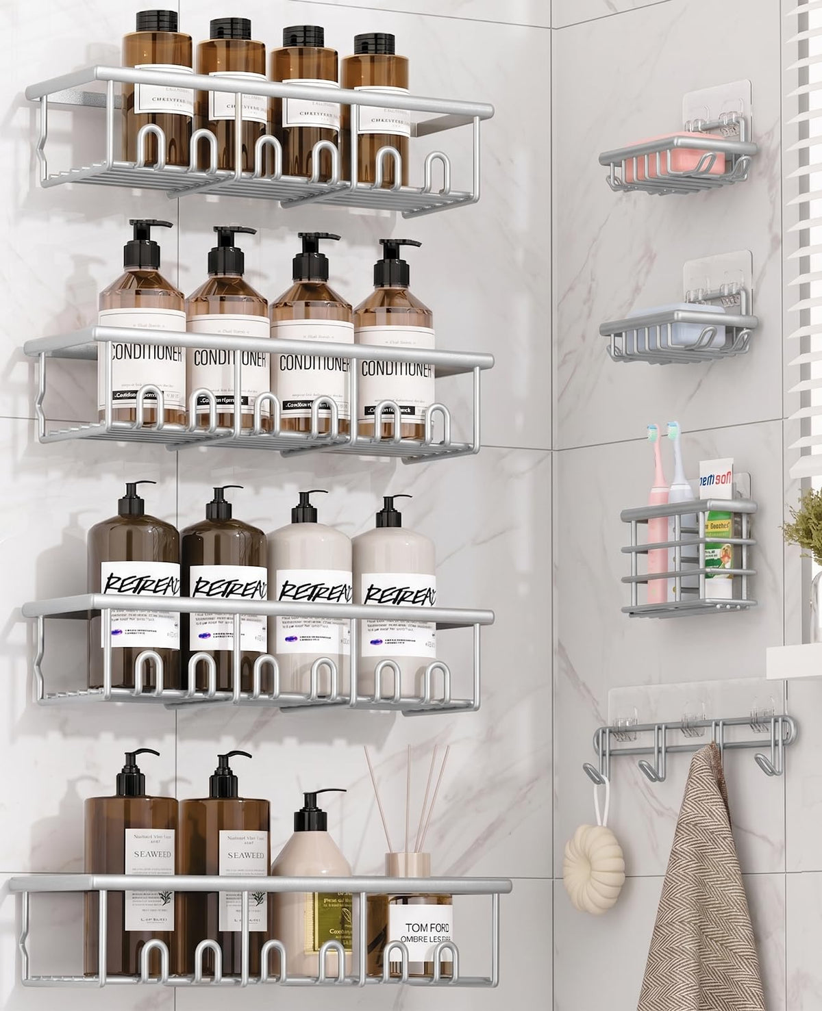 Adhesive Bathroom Organiser Set – 8 Piece, No Drilling