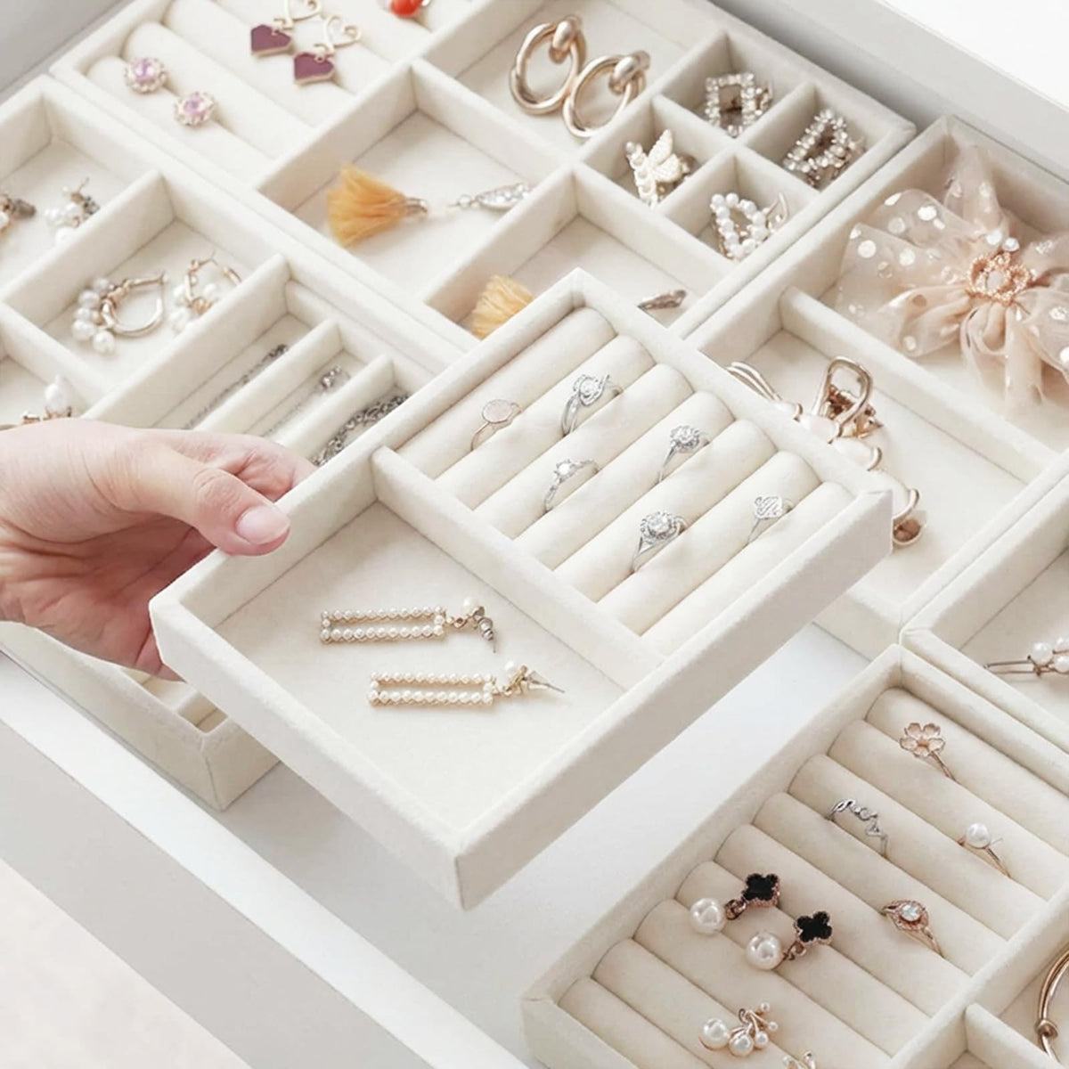 Stackable Velvet Jewellery Trays – Set of 6