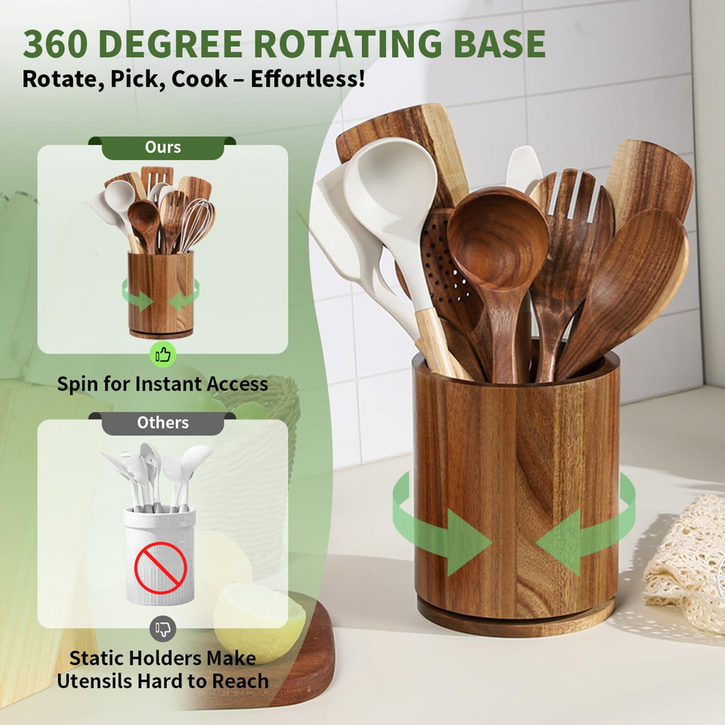 Acacia Wood Rotating Utensil Holder