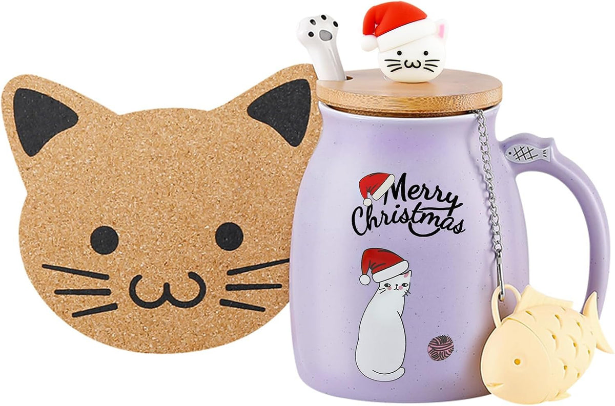 Christmas Cat Mug with Tea Infuser, Lid & Spoon – 380 ml