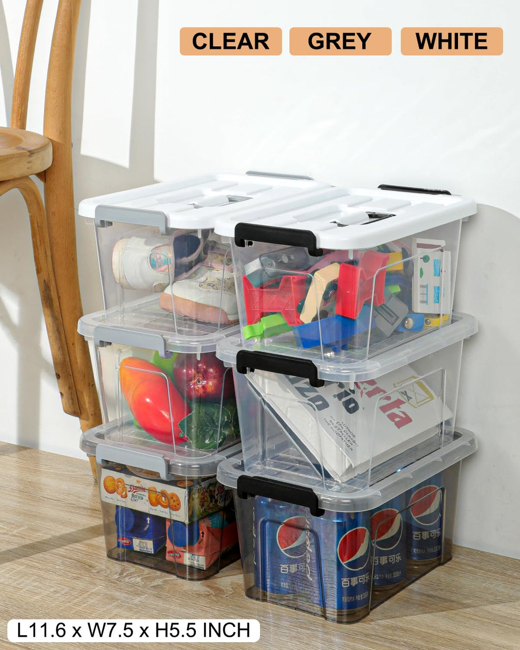 Clear Stackable Storage Boxes with Latching Lids – 6 Pack