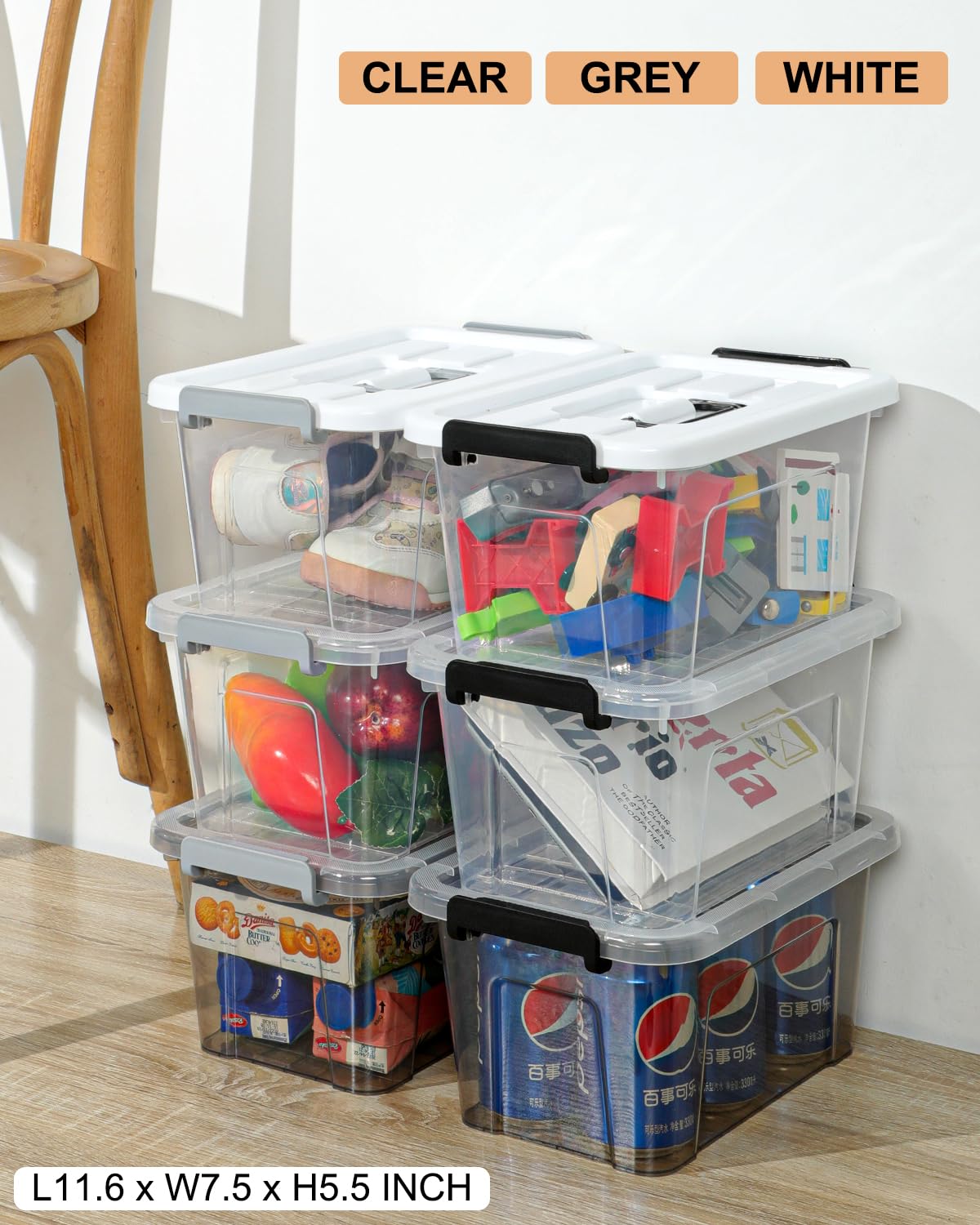 Clear Stackable Storage Boxes with Latching Lids – 6 Pack