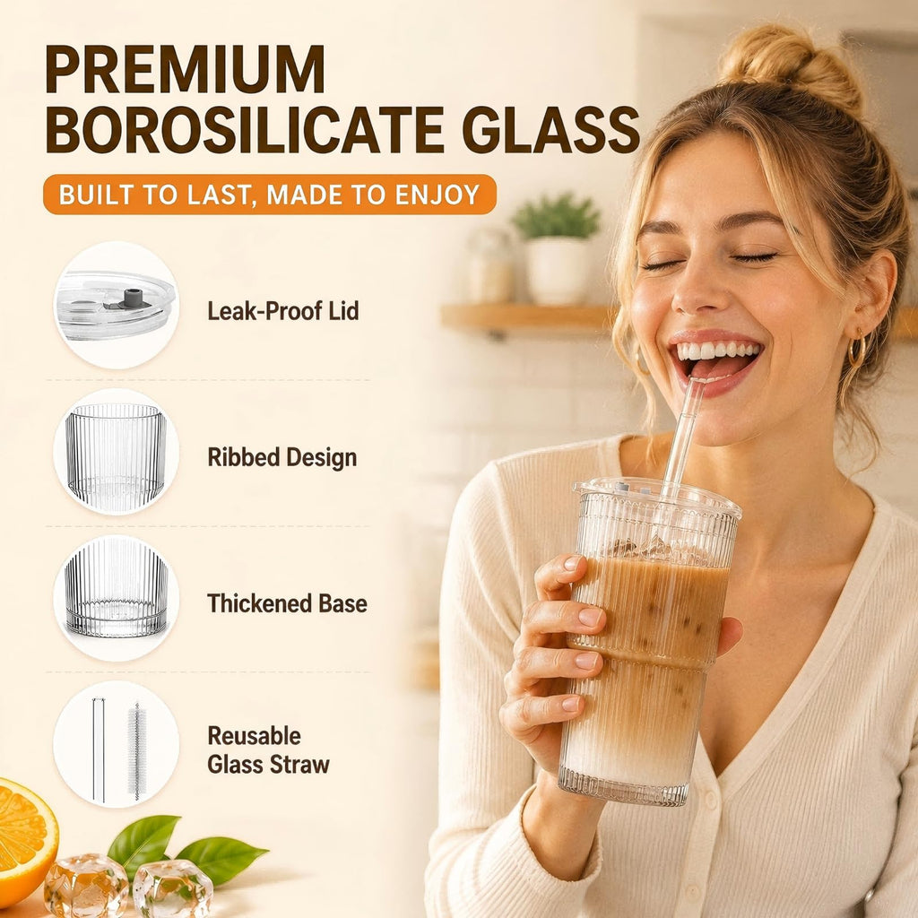 Ribbed Glass Tumblers with Lids & Straws – 4 Pack