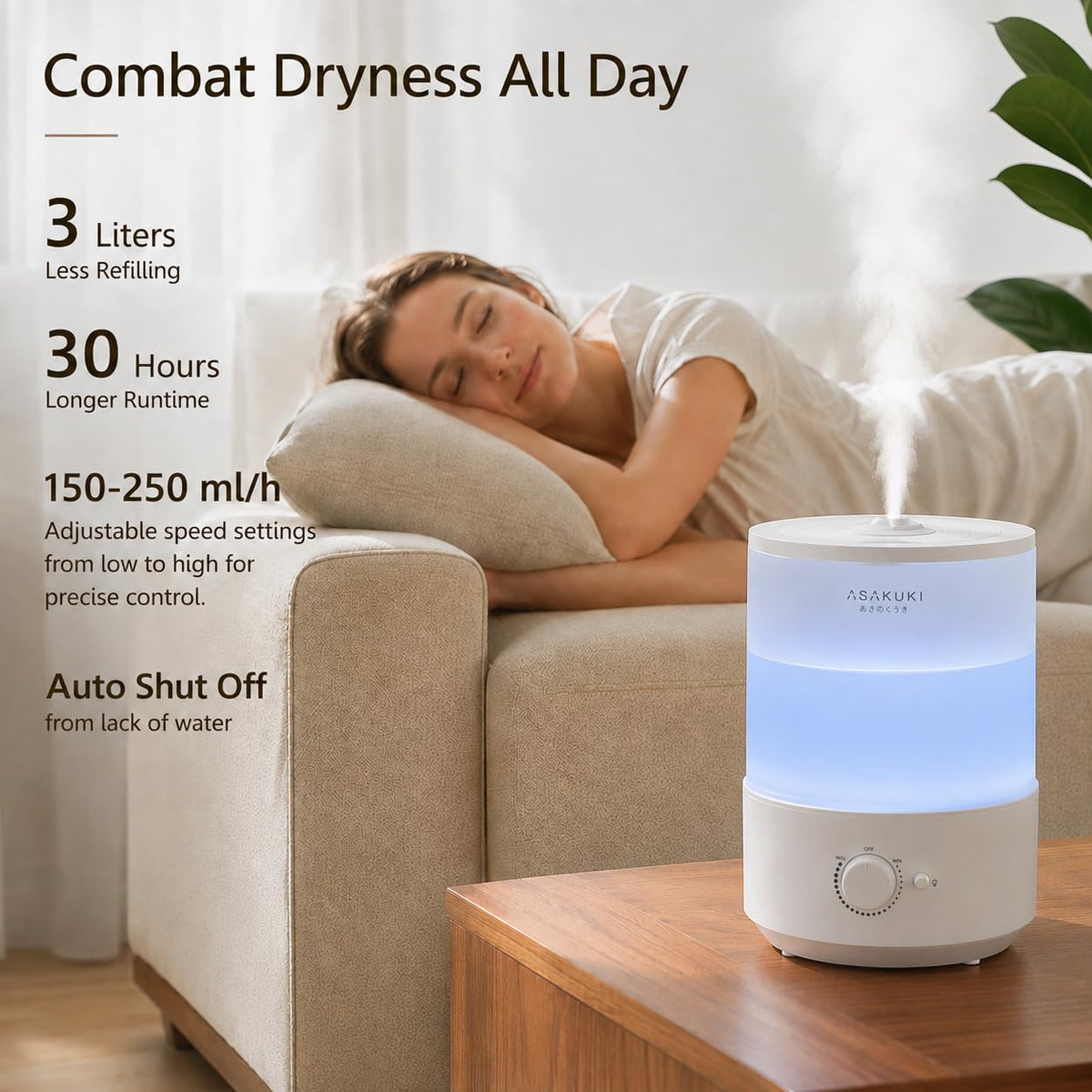 ASAKUKI 3L Top-Fill Cool Mist Humidifier with Night Light