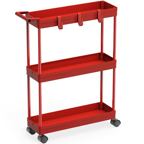 3-Tier Slim Rolling Storage Cart with Handle & Hooks