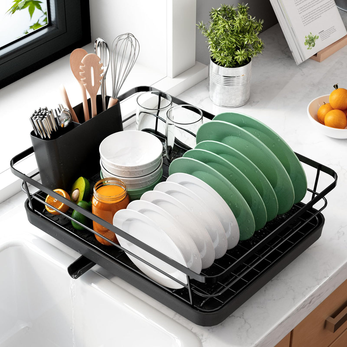 Compact Stainless Steel Dish Drying Rack with Drainboard