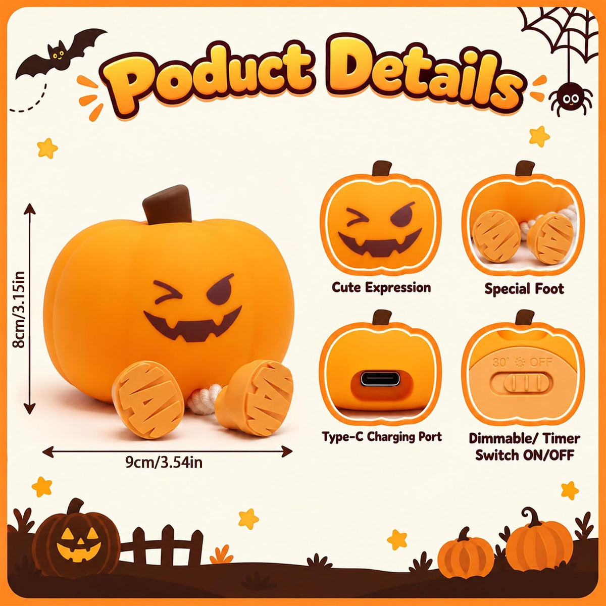 Pumpkin Night Light for Kids – Halloween & Autumn Decor – view 7
