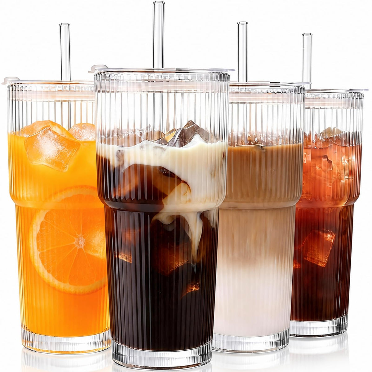 Ribbed Glass Tumblers with Lids & Straws – 4 Pack