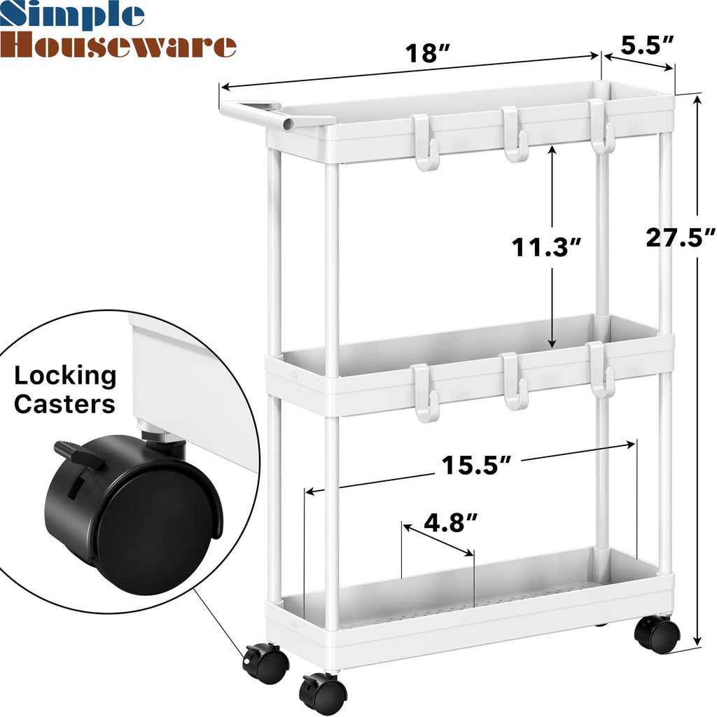 3-Tier Slim Rolling Storage Cart with Handle & Hooks