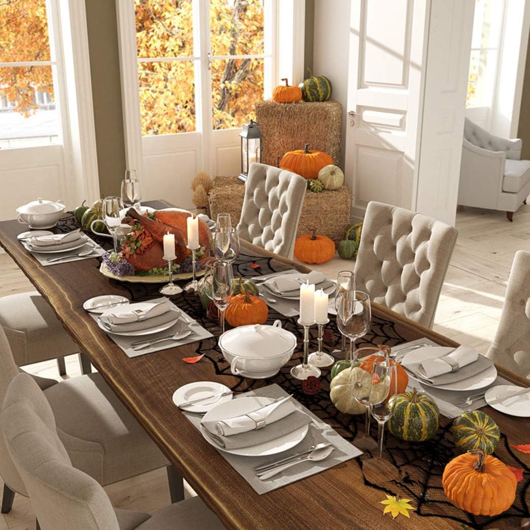 Black Lace Spider Web Table Runner & Covers – 5 Piece Halloween Set – view 7