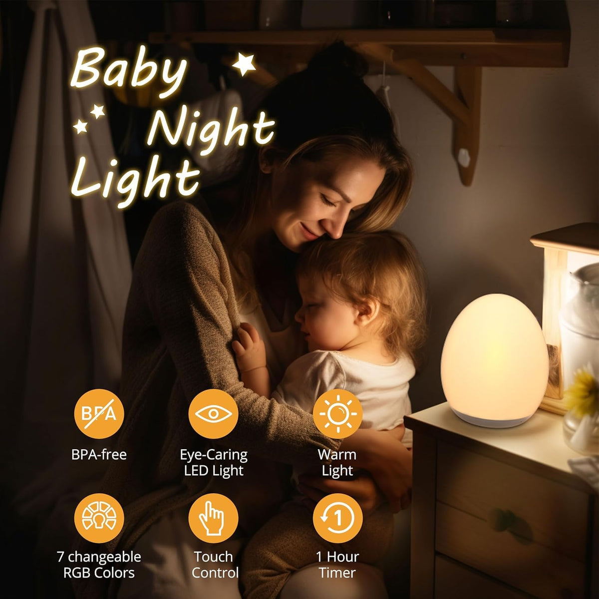 Rechargeable Egg Night Light – 8 Colours, Touch Dimming