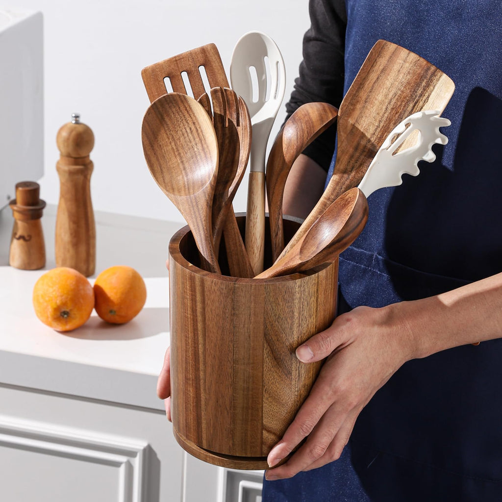 Acacia Wood Rotating Utensil Holder