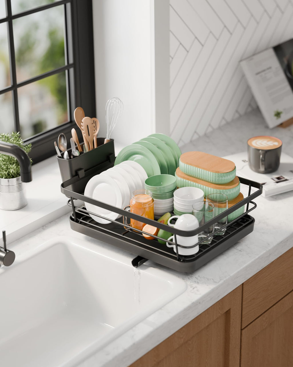 Compact Stainless Steel Dish Drying Rack with Drainboard