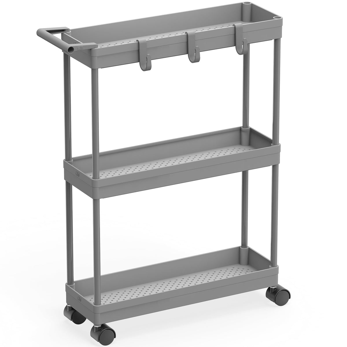 3-Tier Slim Rolling Storage Cart with Handle & Hooks