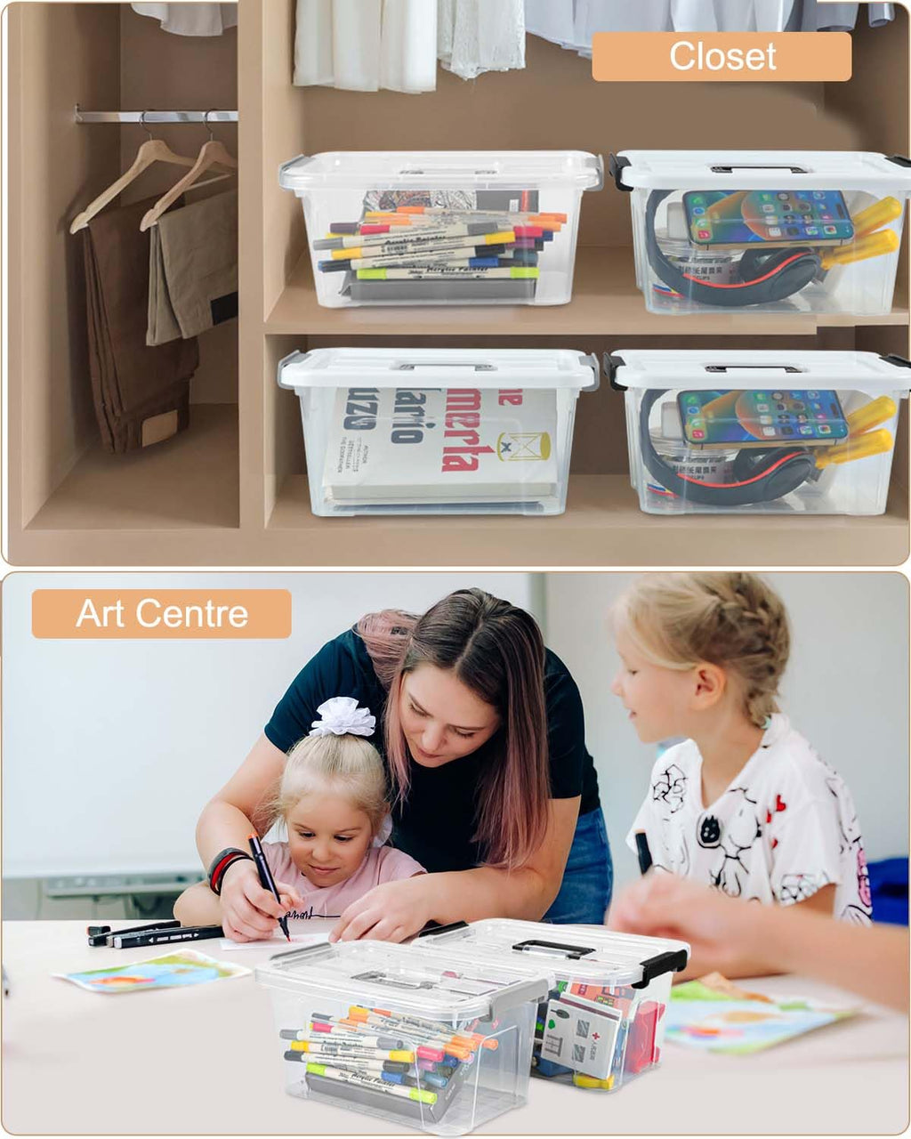 Clear Stackable Storage Boxes with Latching Lids – 6 Pack