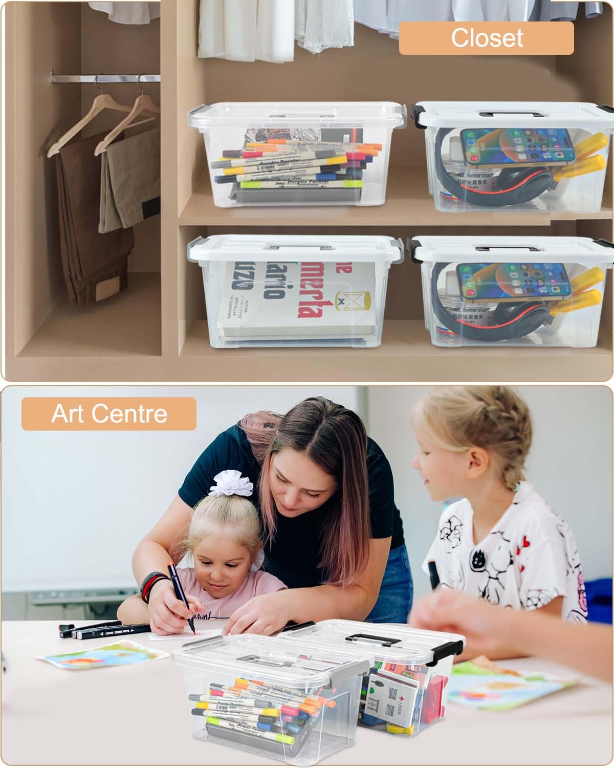 Clear Stackable Storage Boxes with Latching Lids – 6 Pack