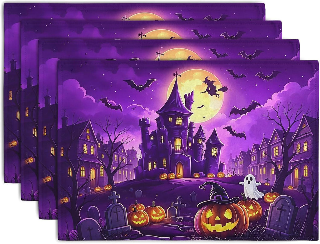 Purple Halloween Placemats – Castle & Witch, Set of 4