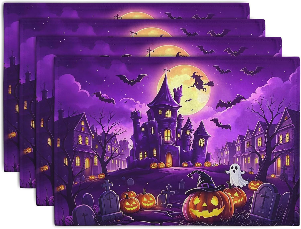 Purple Halloween Placemats – Castle & Witch, Set of 4