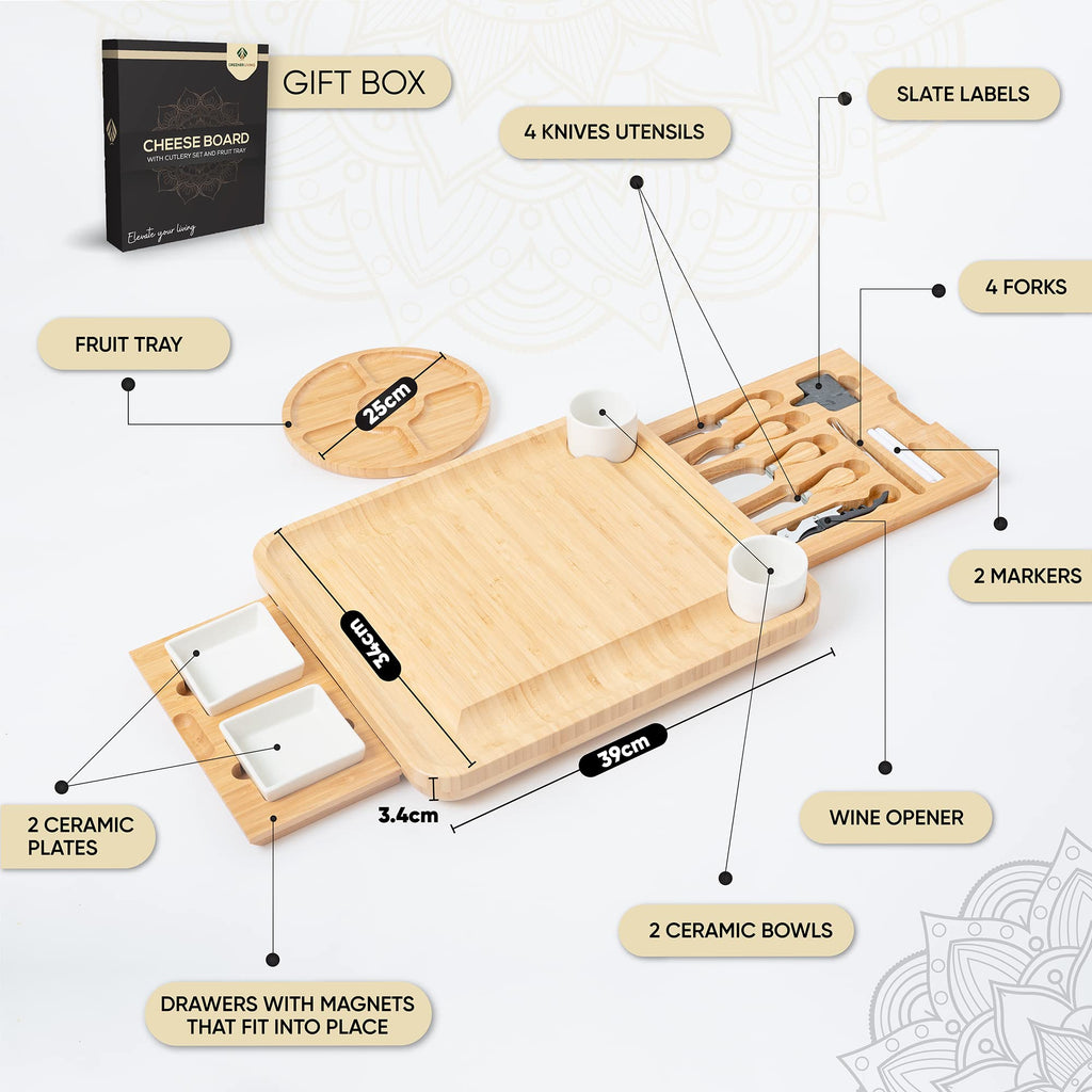 Large Bamboo Cheese Board & Knife Set – Gift Boxed