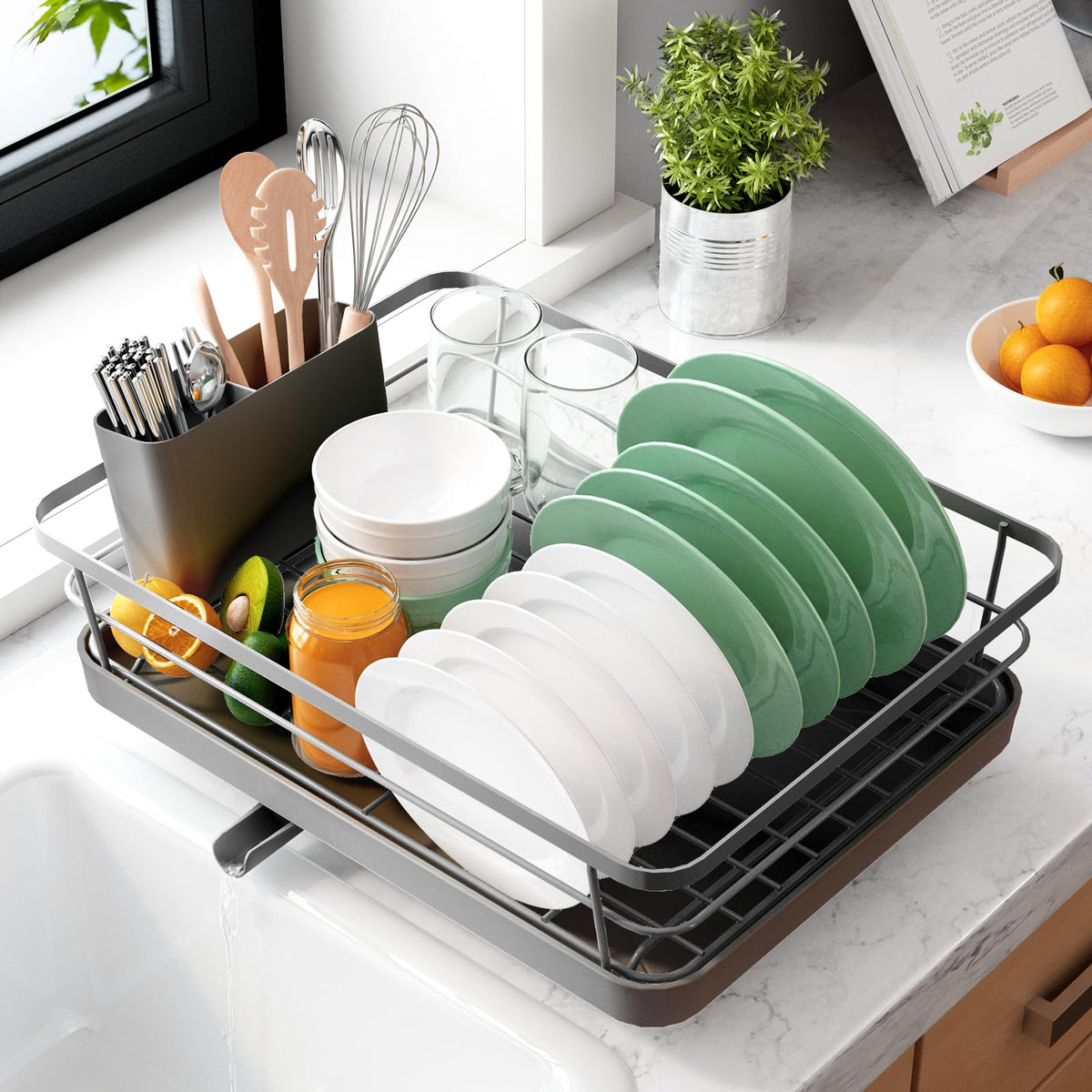 Compact Stainless Steel Dish Drying Rack with Drainboard