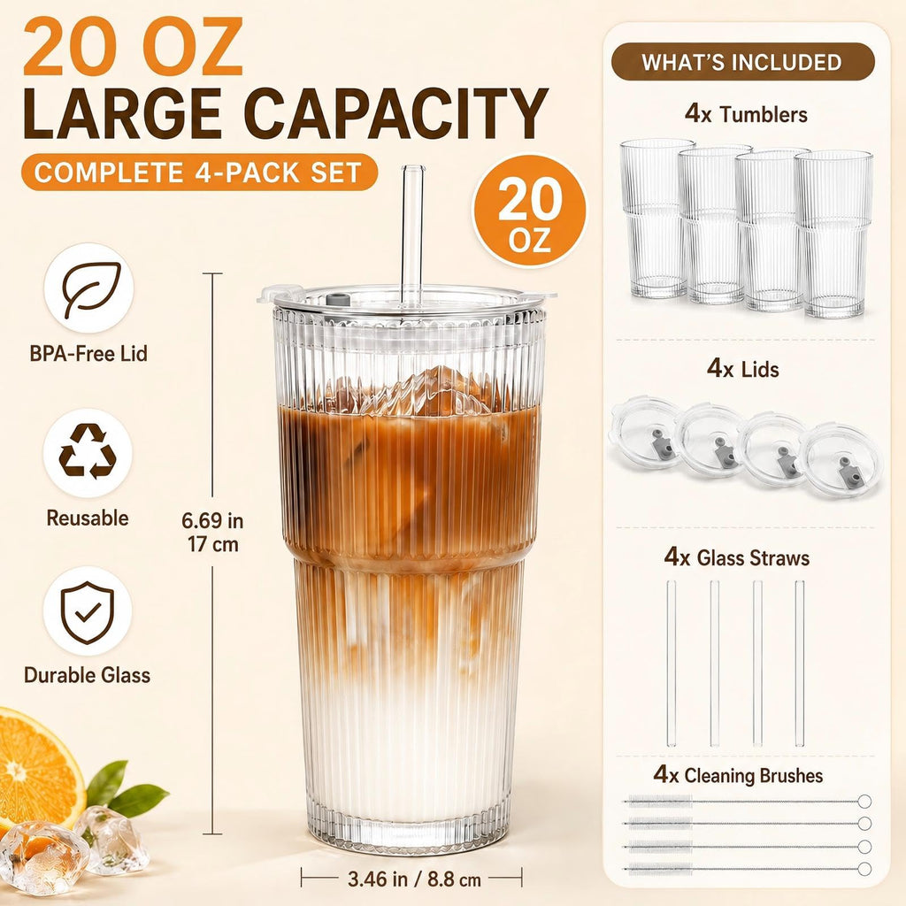Ribbed Glass Tumblers with Lids & Straws – 4 Pack