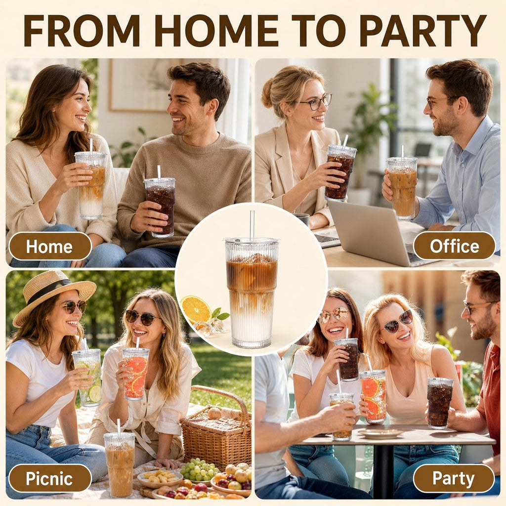 Ribbed Glass Tumblers with Lids & Straws – 4 Pack