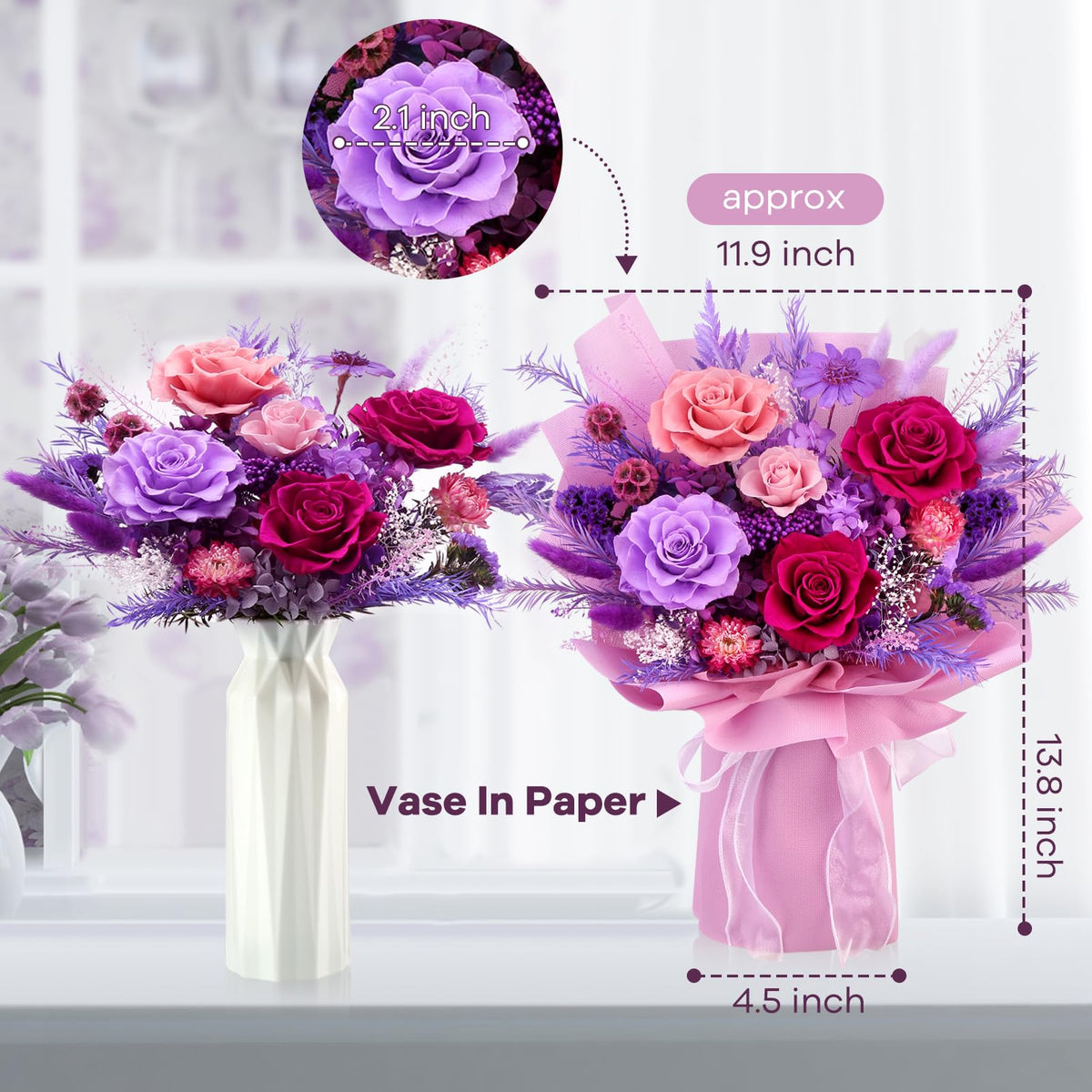 Preserved Rose Bouquet with Vase – Lasts 3+ Years