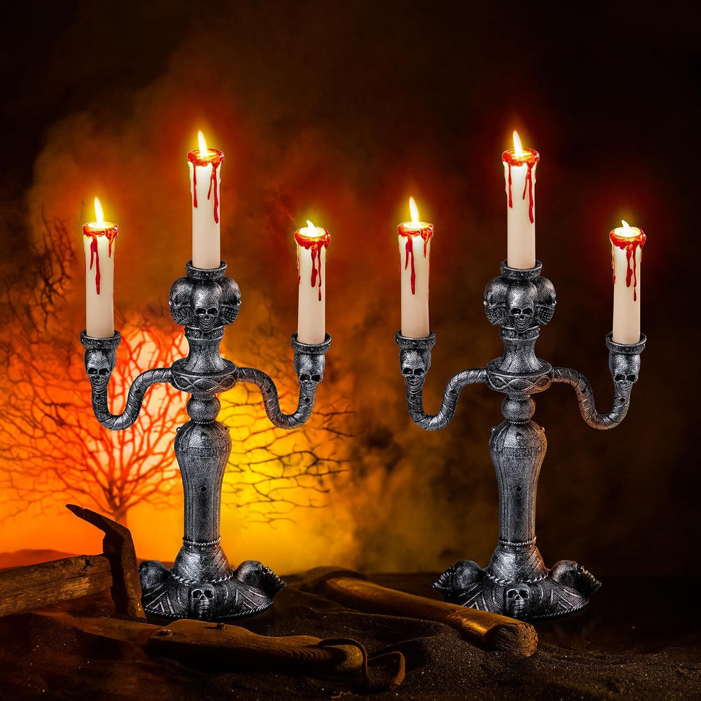 Skull Candelabra with LED Candles – 2 Pack