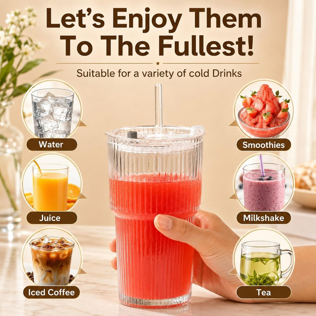Ribbed Glass Tumblers with Lids & Straws – 4 Pack
