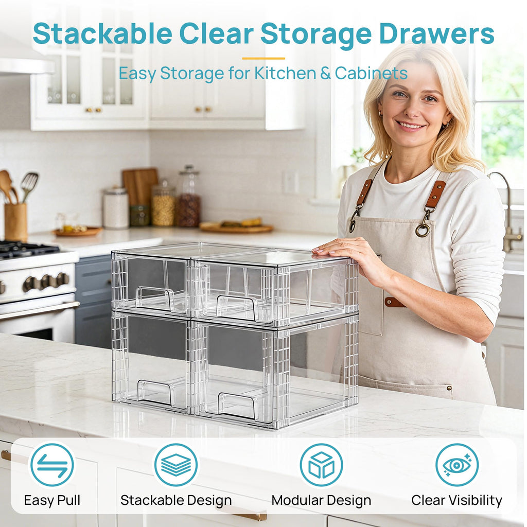 Clear Stackable Storage Drawers – 4 Pack