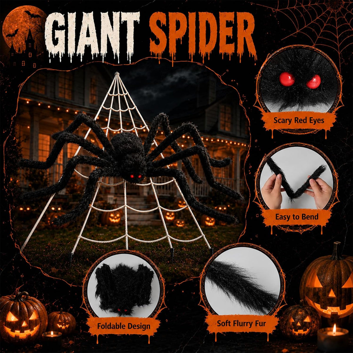 Giant Spider Web with 1.5 m Spider – Halloween Decoration – view 2