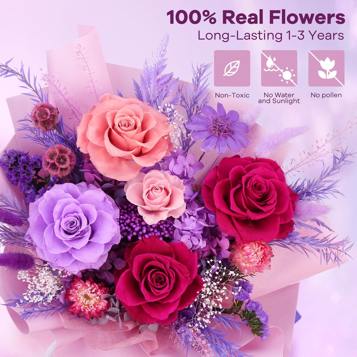 Preserved Rose Bouquet with Vase – Lasts 3+ Years