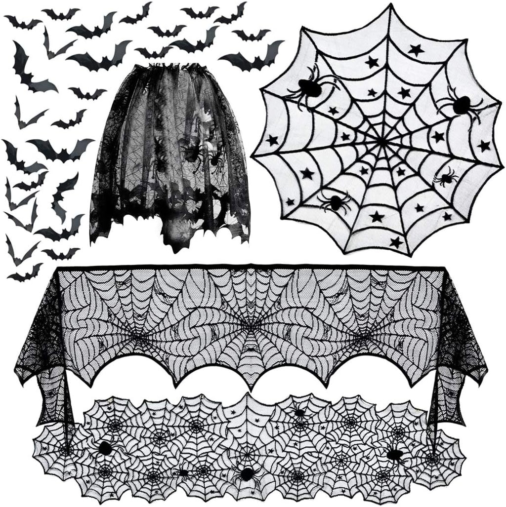 Black Lace Spider Web Table Runner & Covers – 5 Piece Halloween Set