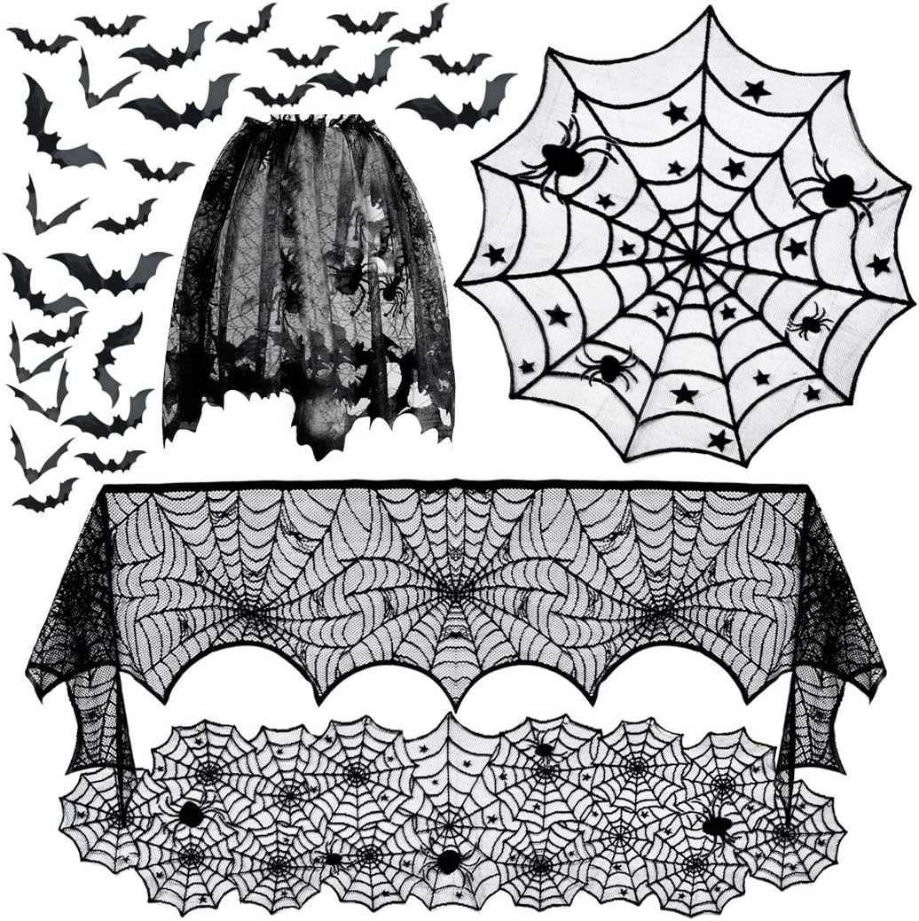 Black Lace Spider Web Table Runner & Covers – 5 Piece Halloween Set