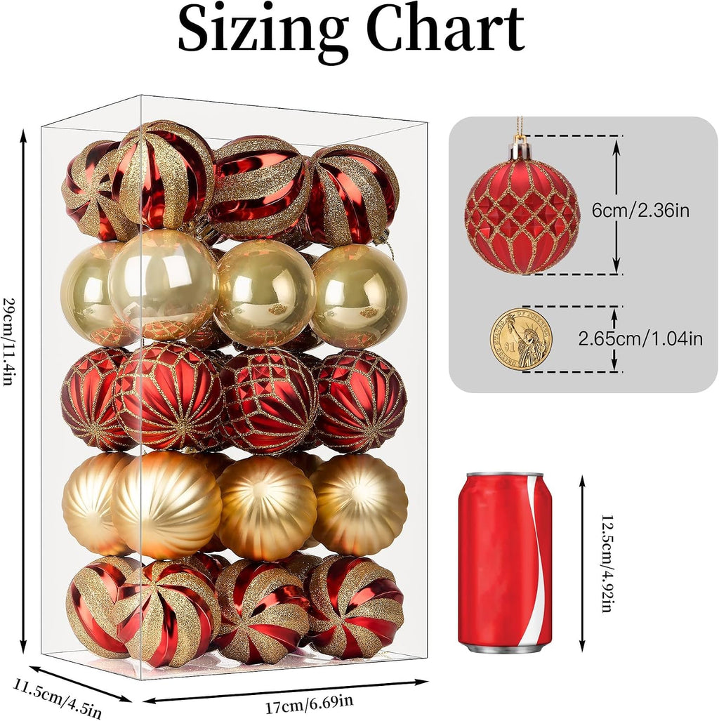 Shatterproof Christmas Baubles – 30 Pack, 6 cm Red & Gold – view 3
