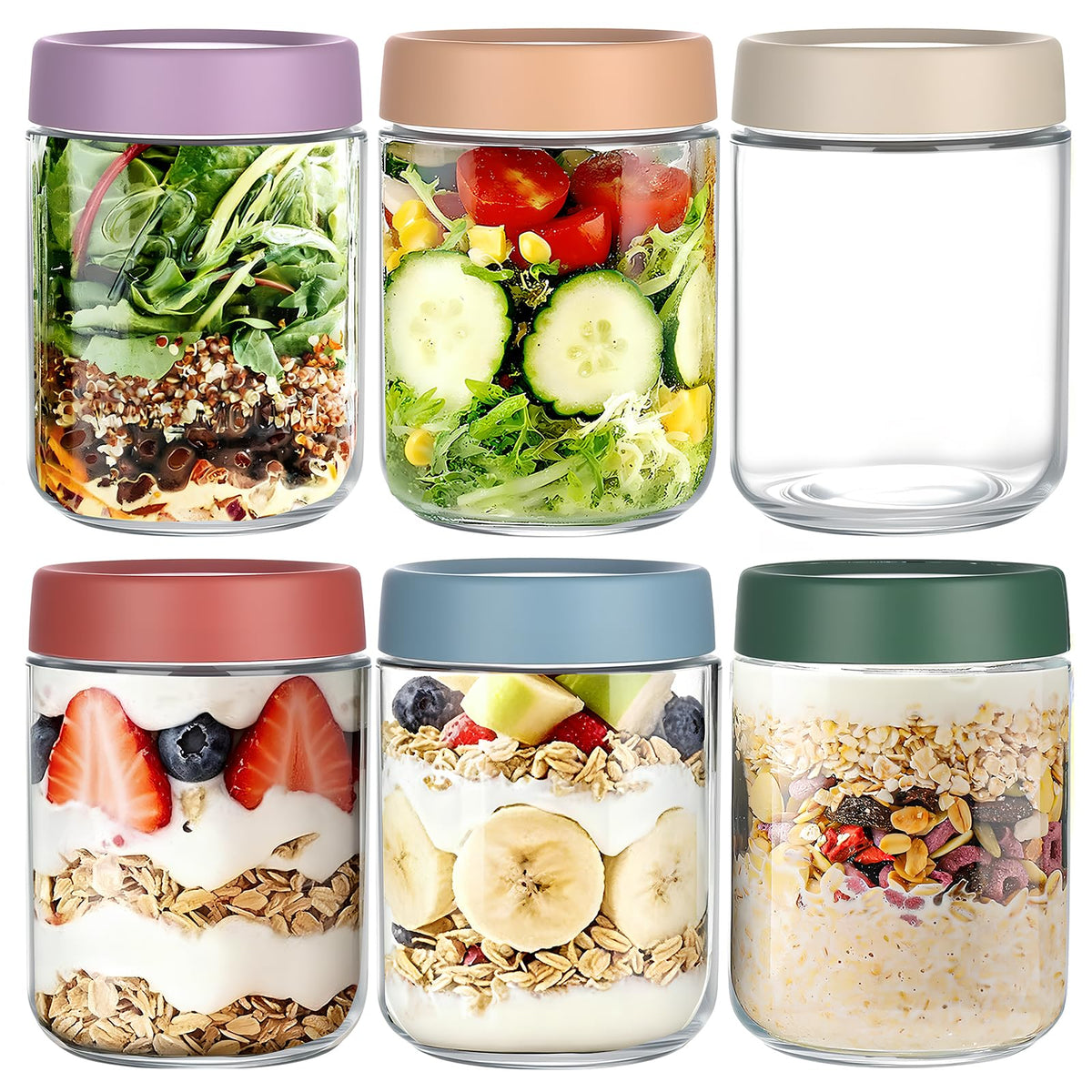 Glass Overnight Oats Jars with Airtight Lids – 6 Pack