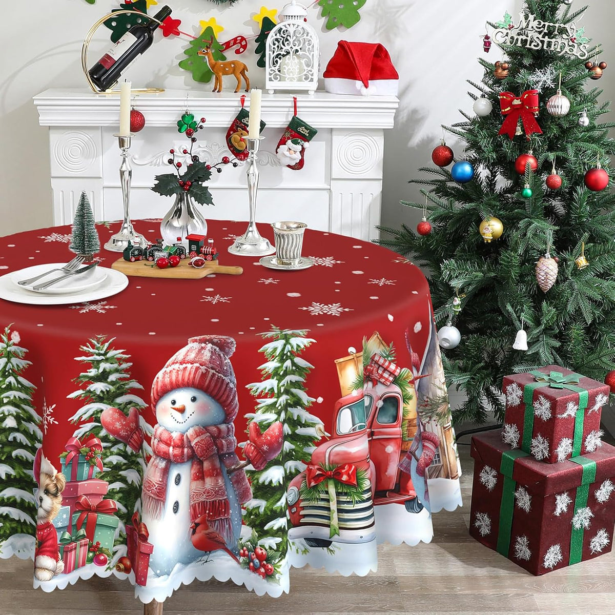 Red Christmas Tablecloth – Snowman & Truck Print – view 9