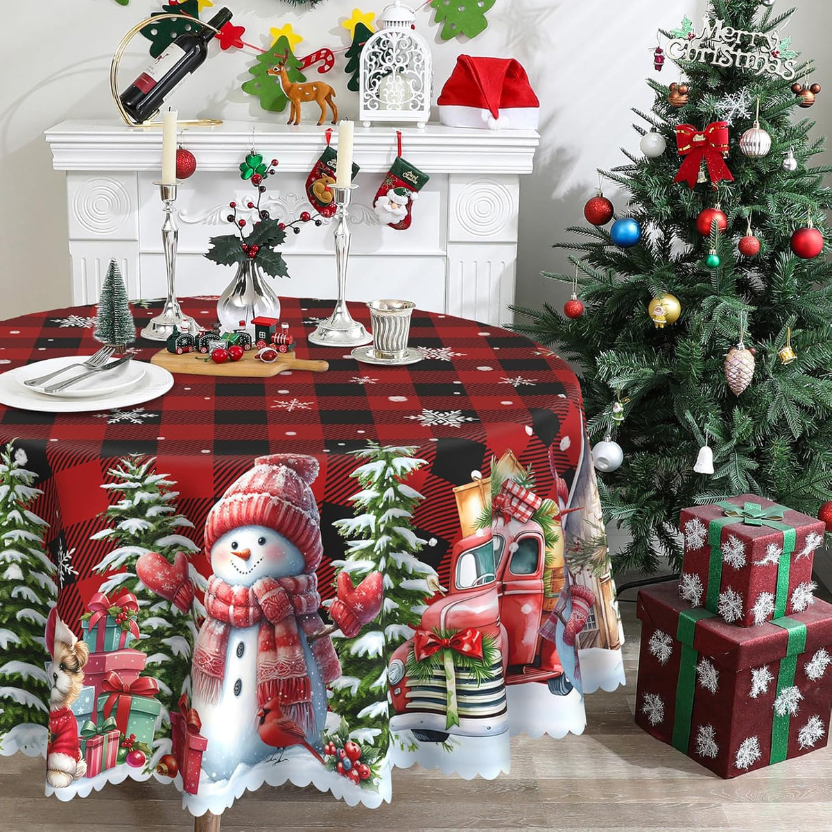 Red Christmas Tablecloth – Snowman & Truck Print – view 10