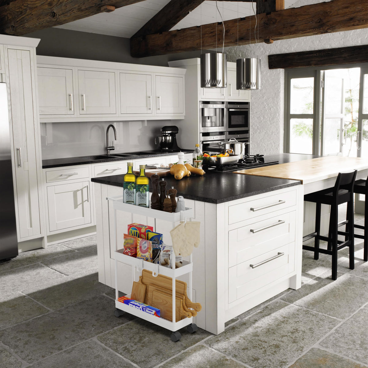 3-Tier Slim Rolling Storage Cart with Handle & Hooks