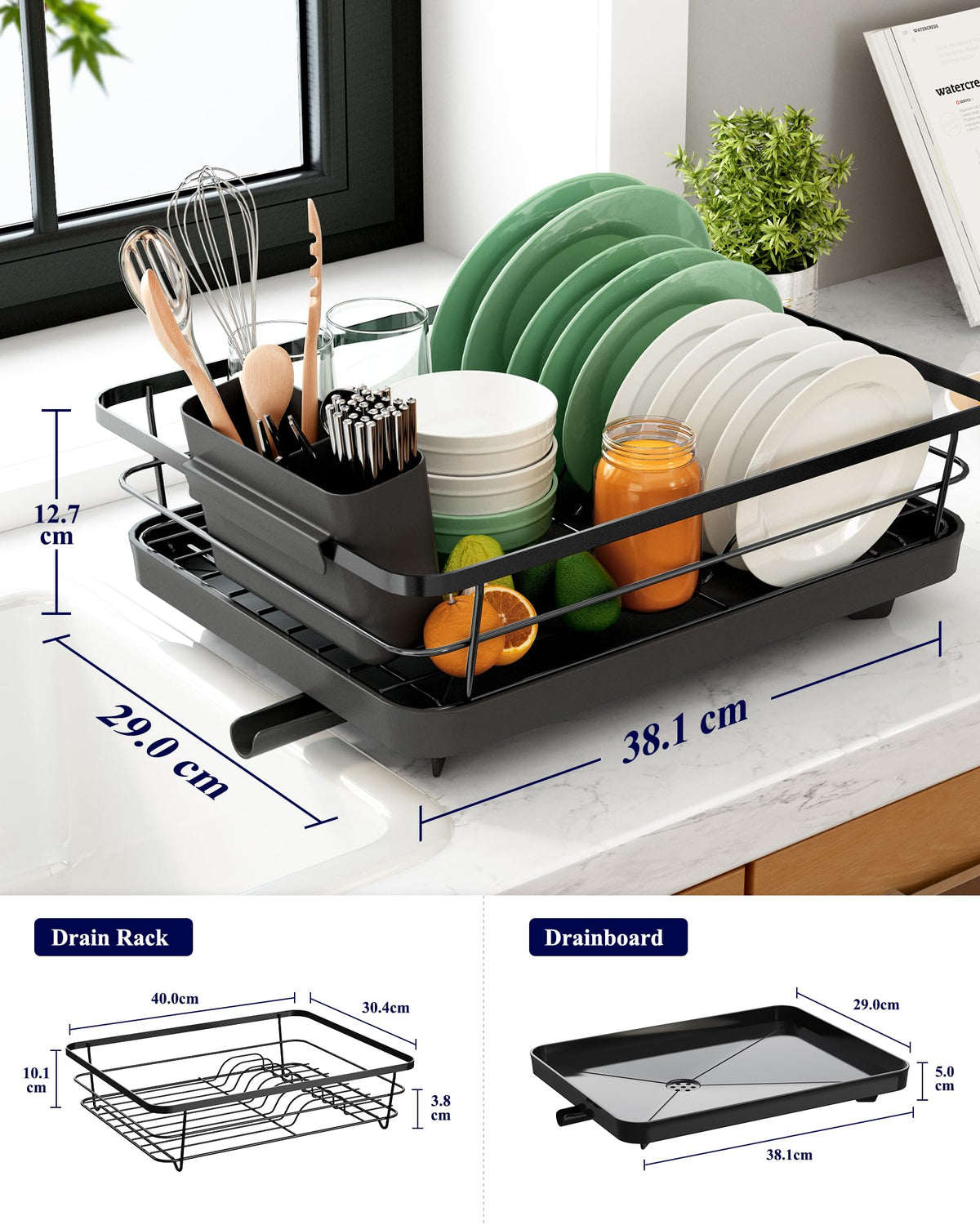 Compact Stainless Steel Dish Drying Rack with Drainboard