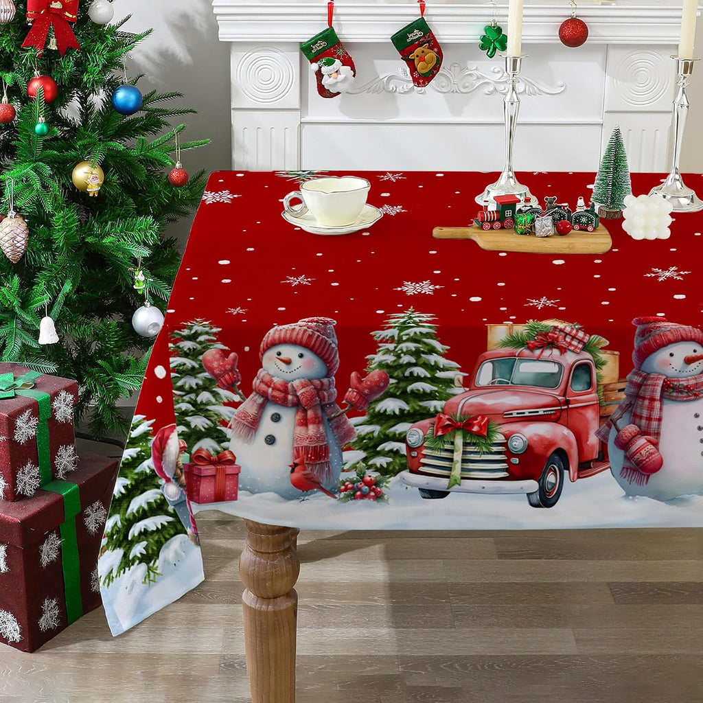 Red Christmas Tablecloth – Snowman & Truck Print