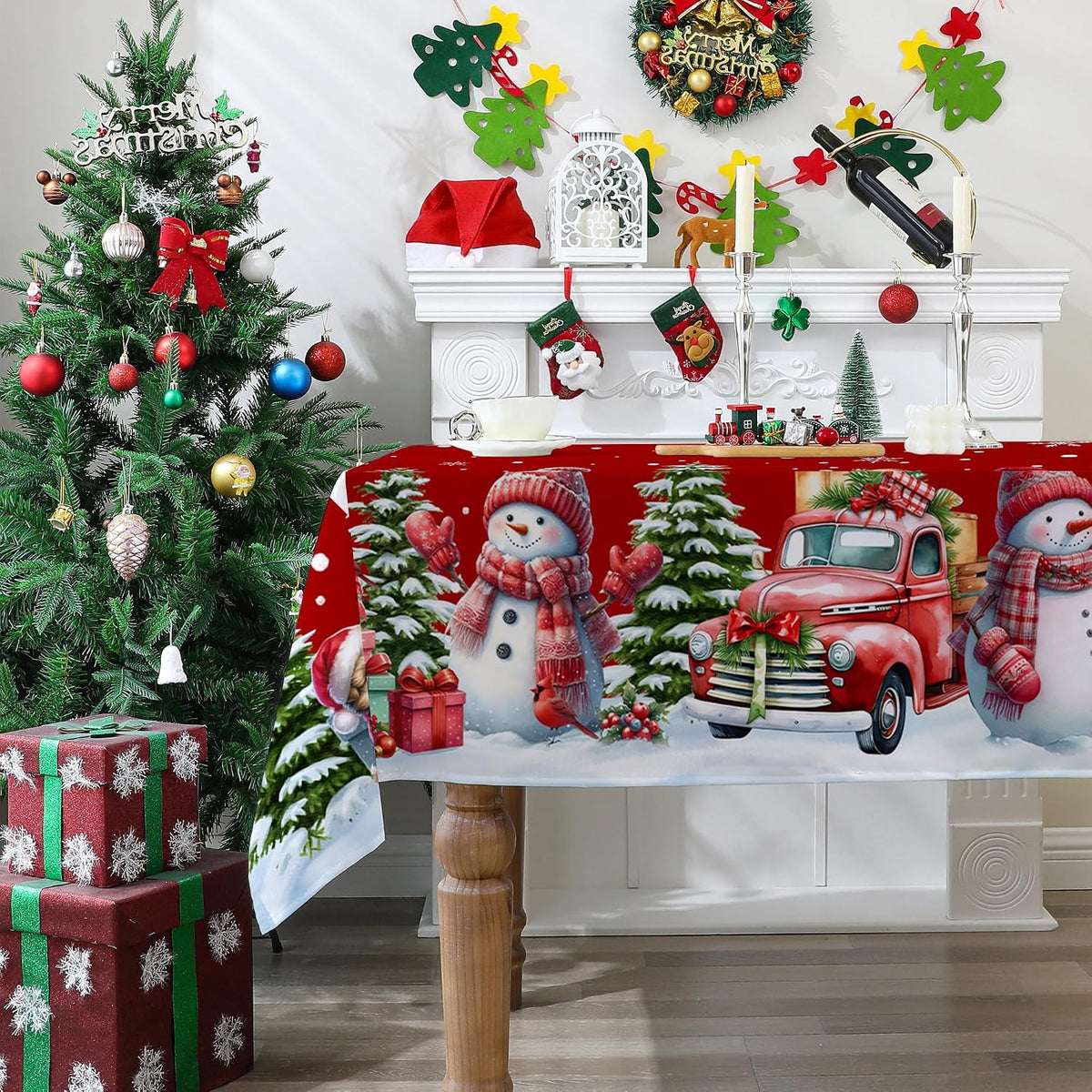Red Christmas Tablecloth – Snowman & Truck Print – view 3
