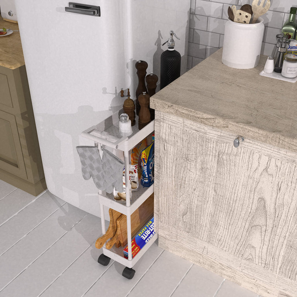 3-Tier Slim Rolling Storage Cart with Handle & Hooks