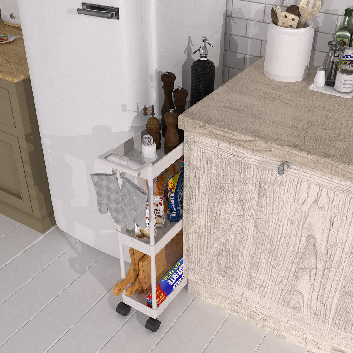 3-Tier Slim Rolling Storage Cart with Handle & Hooks