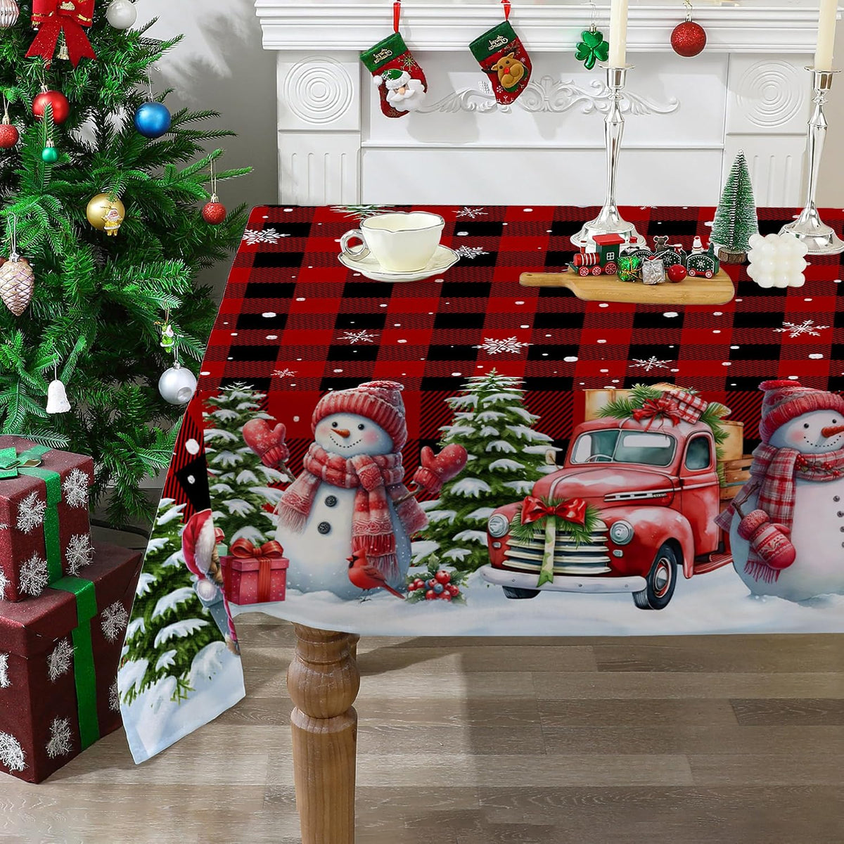 Red Christmas Tablecloth – Snowman & Truck Print – view 8